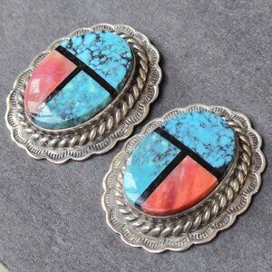 Vintage Navajo Native American Turquoise Coral Inlay Earrings, Signed